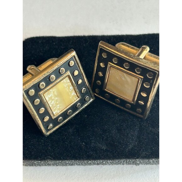 Swank Mens Mother Of Pearl Tie Bar Cuff Links Square Vintage Gold Tone Vintage - Picture 4 of 7